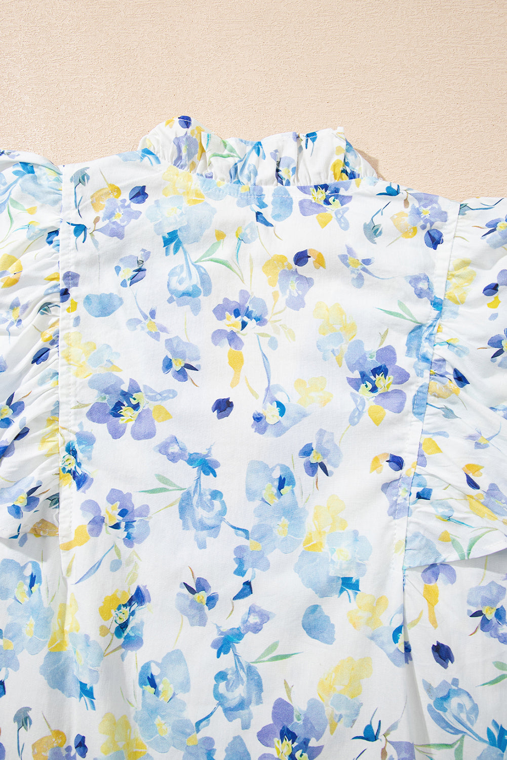 Sky Blue Floral Print Frilled Notched V Neck Blouse-Tops/Blouses & Shirts-[Adult]-[Female]-2022 Online Blue Zone Planet
