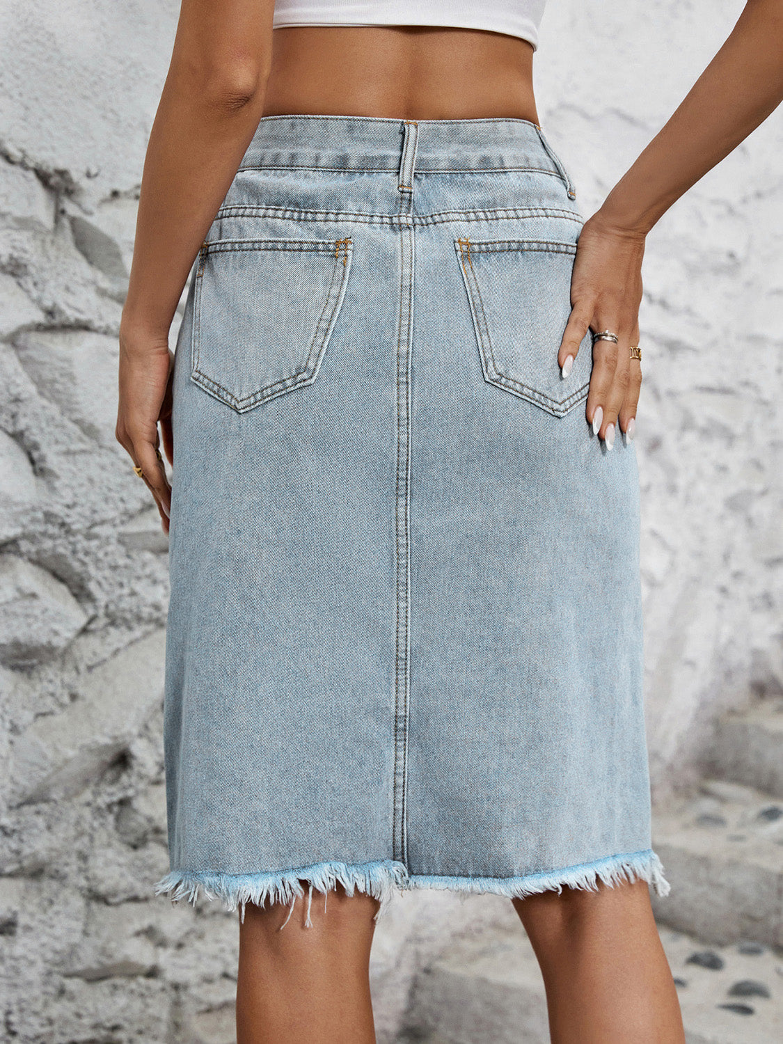 Raw Hem Slit Denim Skirt-BOTTOMS SIZES SMALL MEDIUM LARGE-[Adult]-[Female]-2022 Online Blue Zone Planet