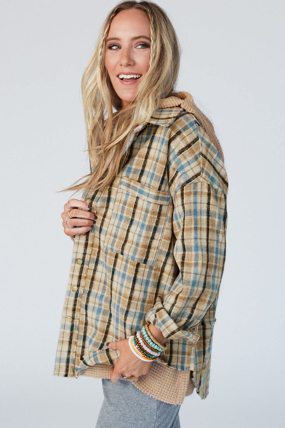 Ashleigh Blue Waffle Knit Patchwork Hooded Plaid Shacket-Outerwear/Plaid Shackets-[Adult]-[Female]-2022 Online Blue Zone Planet