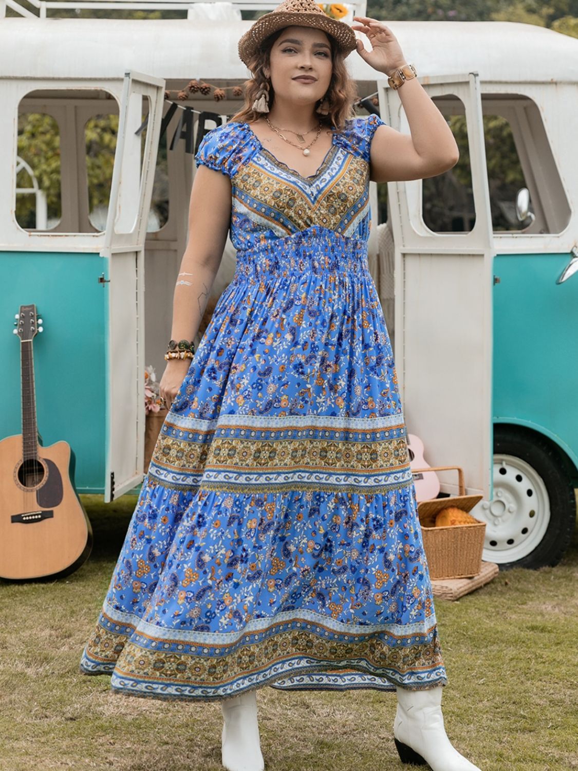 Blue Zone Planet | Plus Size Smocked Printed Cap Sleeve Dress-TOPS / DRESSES-[Adult]-[Female]-2022 Online Blue Zone Planet