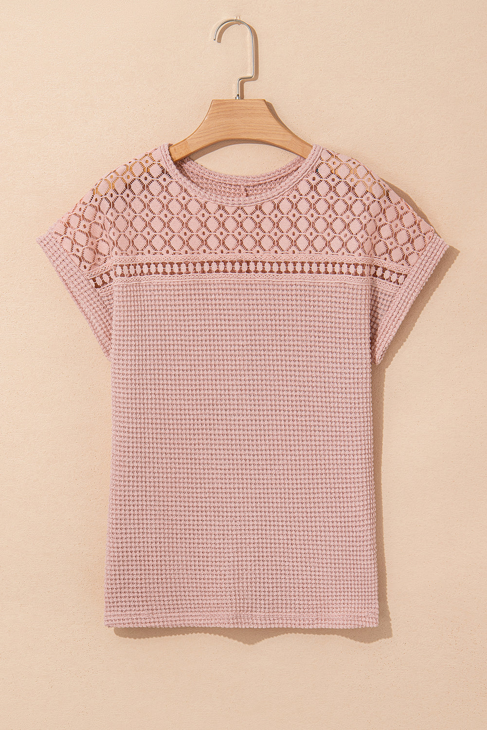 Mist Green Lace Patchwork Waffle Short Sleeve Top-Tops/Tops & Tees-[Adult]-[Female]-2022 Online Blue Zone Planet