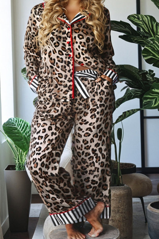 Khaki Plus Leopard Print Contrast Piping Striped Patchwork 2pcs Long Pajama Set-Plus Size/Plus Size Loungewear-[Adult]-[Female]-Khaki-1X-2022 Online Blue Zone Planet