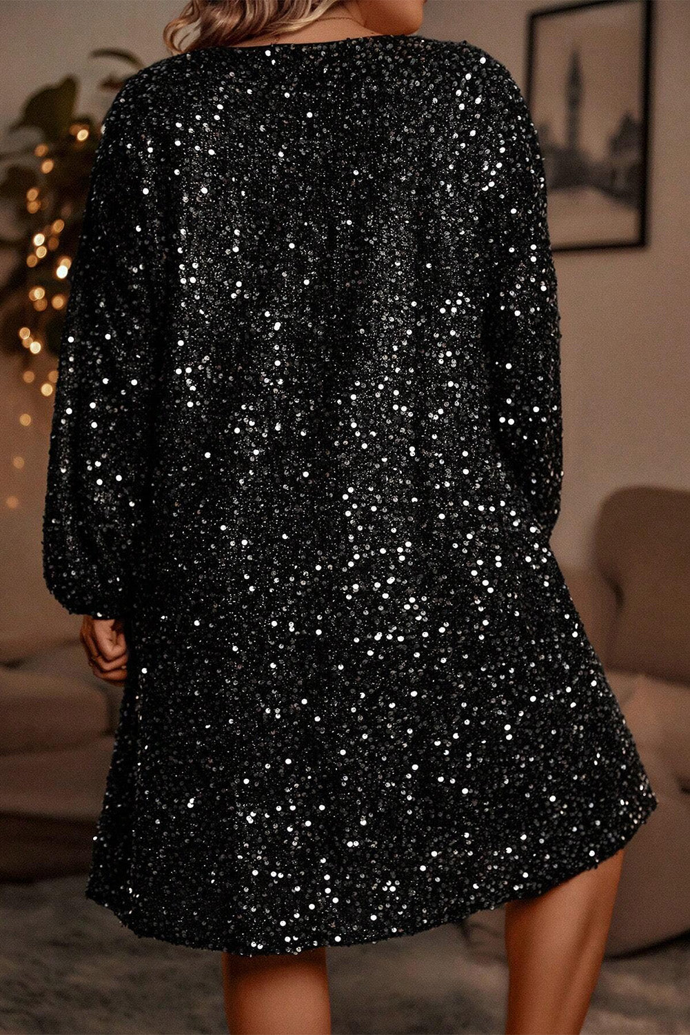 Blue Zone Planet | Color black Plus Size Bubble Sleeve V Neck Sequin Dress-TOPS / DRESSES-[Adult]-[Female]-2022 Online Blue Zone Planet