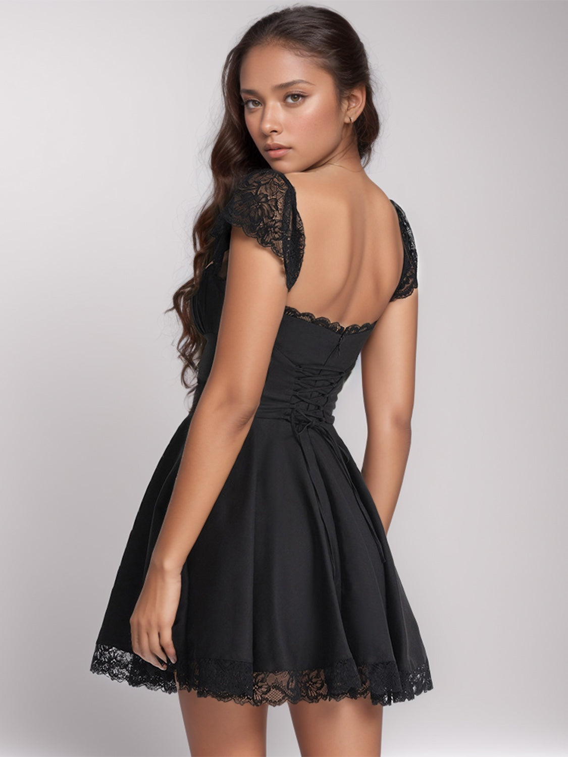 Lace Detail Square Neck Cap Sleeve Mini Dress - Blue Zone Planet Lace Detail Square Neck Cap Sleeve Mini Dress - Blue Zone Planet