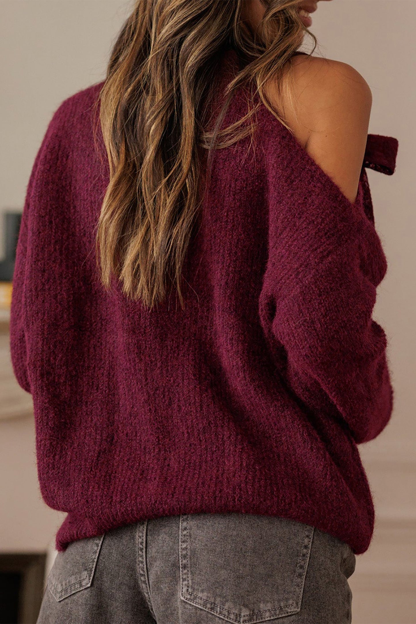 Burgundy Lace Bowknot Asymmetric Neck Sweater-TOPS / DRESSES-[Adult]-[Female]-2022 Online Blue Zone Planet