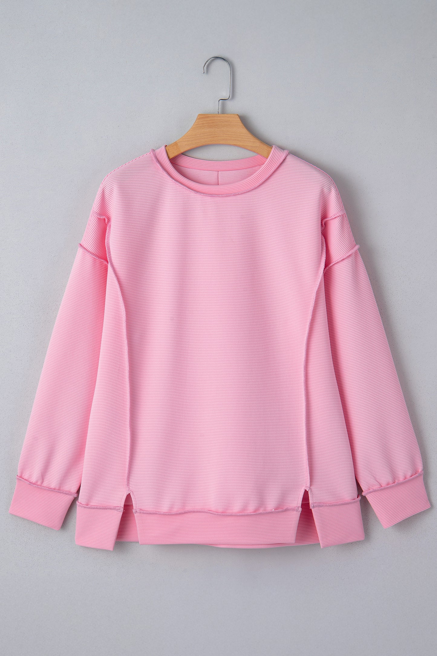 Pink Horizontal Ribbed Exposed Seam Detail Drop Shoulder Baggy Pullover-Tops/Long Sleeve Tops-[Adult]-[Female]-2022 Online Blue Zone Planet