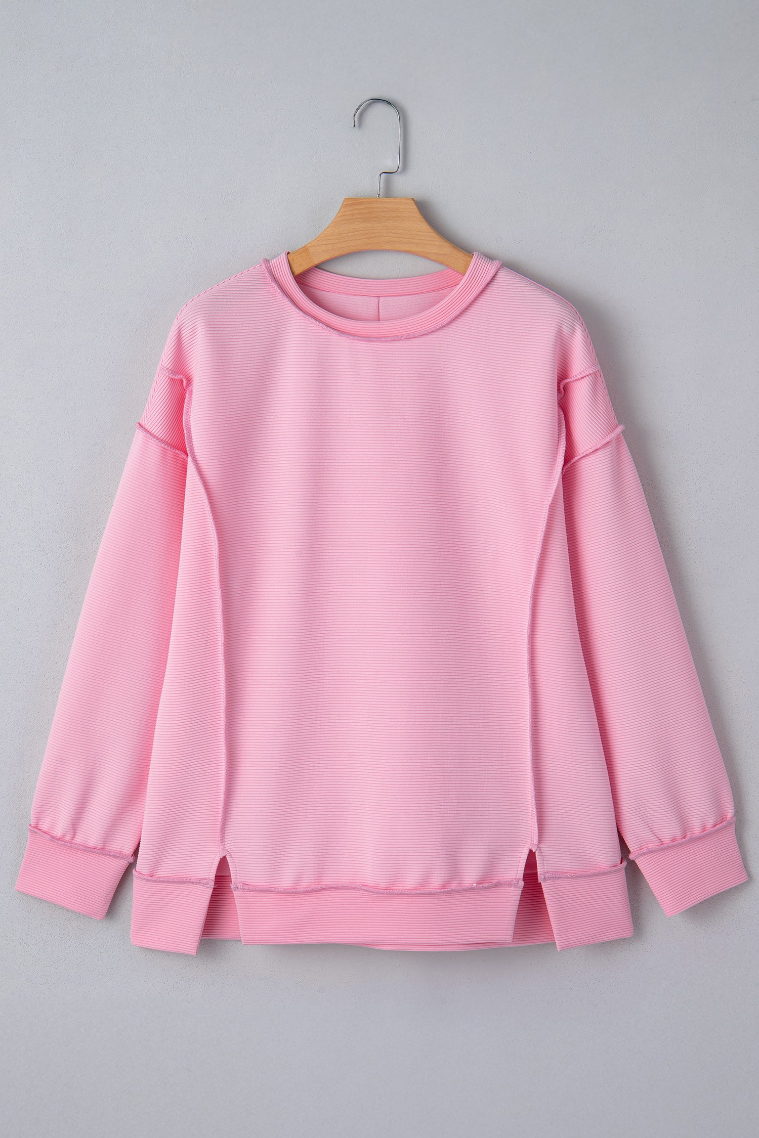 Pink Horizontal Ribbed Exposed Seam Detail Drop Shoulder Baggy Pullover-Tops/Long Sleeve Tops-[Adult]-[Female]-2022 Online Blue Zone Planet