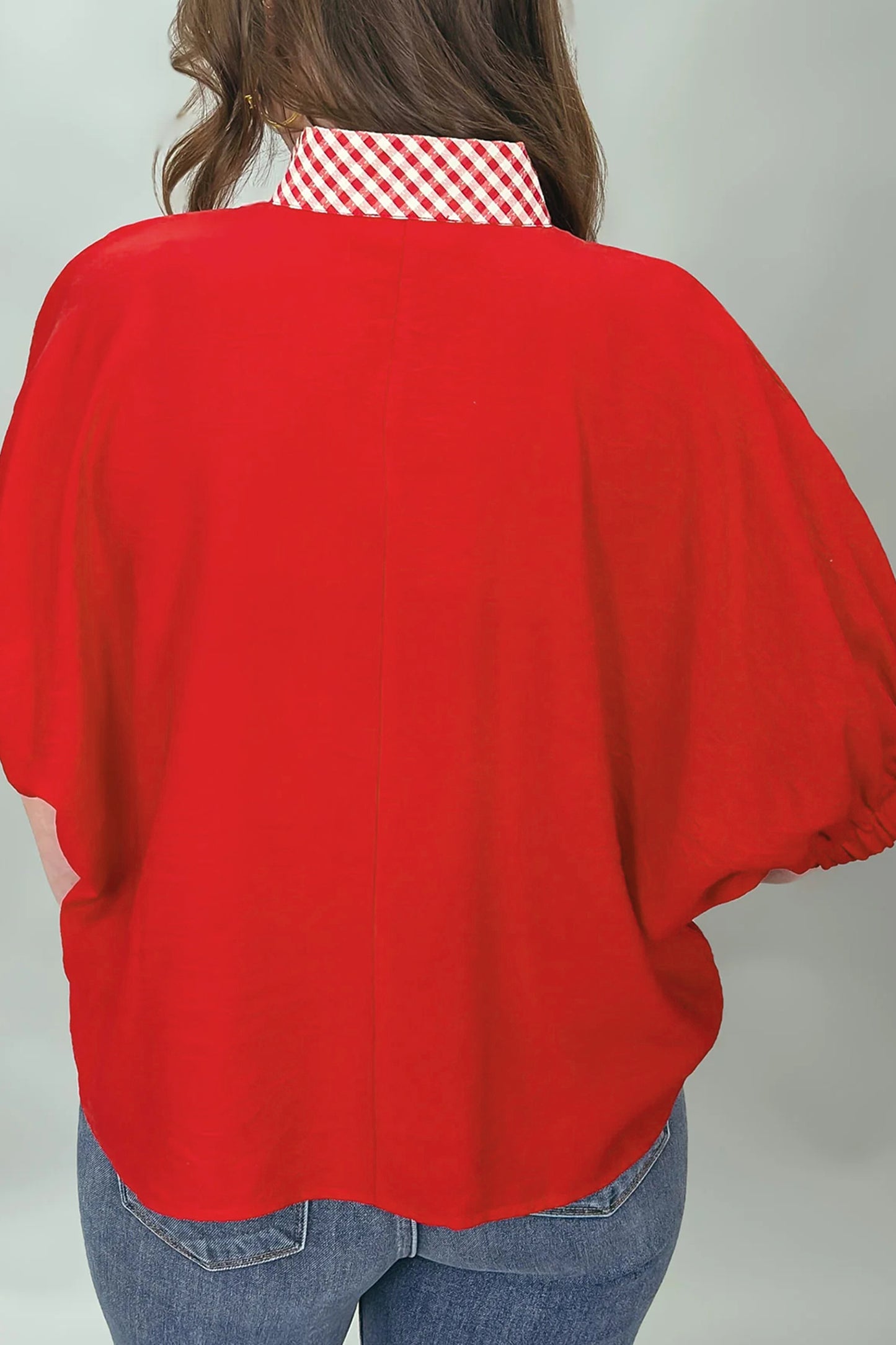 Red V Neck Plaid Collar Short Sleeve Tunic Blouse-Tops/Blouses & Shirts-[Adult]-[Female]-2022 Online Blue Zone Planet