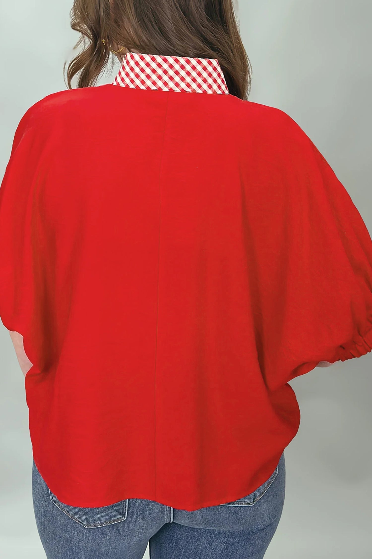 Red V Neck Plaid Collar Short Sleeve Tunic Blouse-Tops/Blouses & Shirts-[Adult]-[Female]-2022 Online Blue Zone Planet