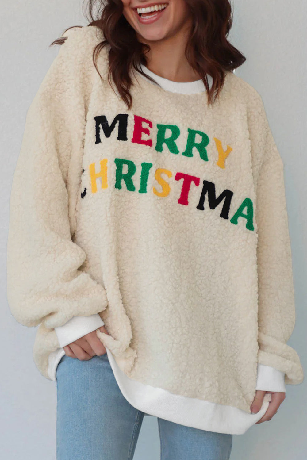 White MERRY CHRISTMAS Multicolor Embroidered Sherpa Pullover Sweatshirt-Tops/Sweatshirts & Hoodies-[Adult]-[Female]-2022 Online Blue Zone Planet