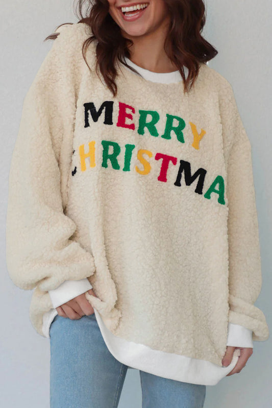 White MERRY CHRISTMAS Multicolor Embroidered Sherpa Pullover Sweatshirt-Tops/Sweatshirts & Hoodies-[Adult]-[Female]-2022 Online Blue Zone Planet