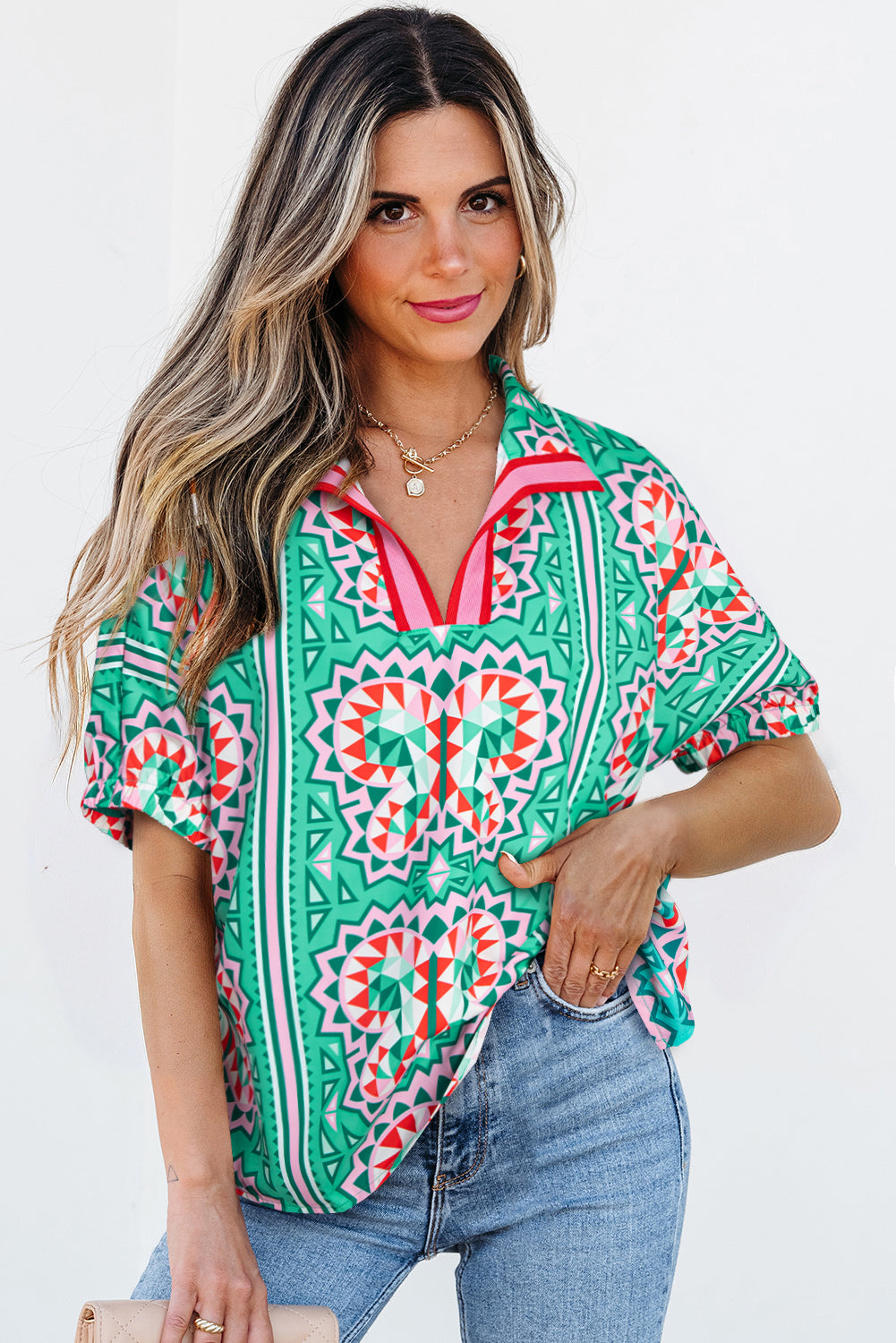 Sea Green Boho Abstract Print Contrast Striped Collared V Neck Blouse-Tops/Blouses & Shirts-[Adult]-[Female]-Sea Green-S-2022 Online Blue Zone Planet
