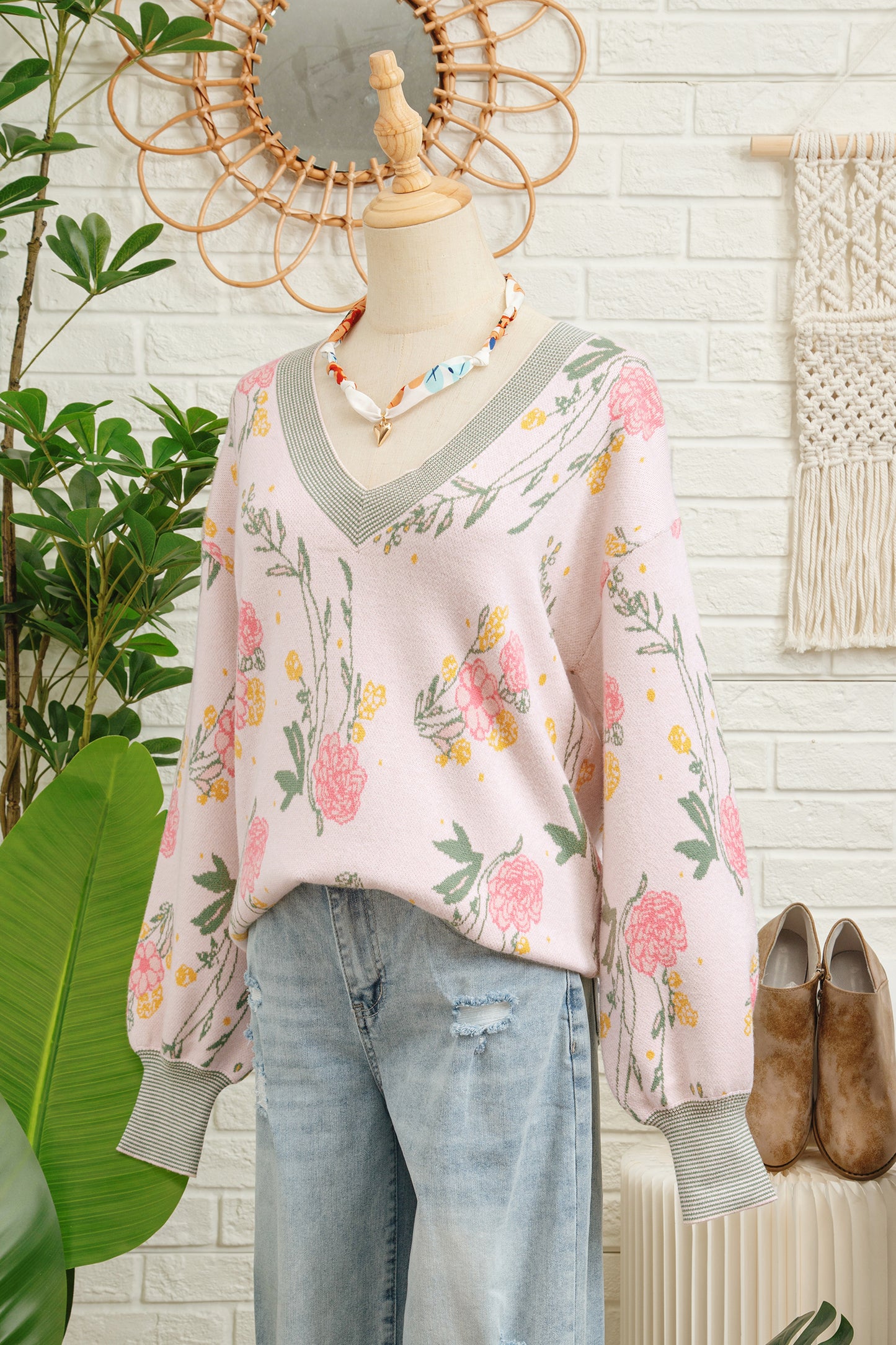 Pink Floral Pattern Striped V Neck Loose Sweater-TOPS / DRESSES-[Adult]-[Female]-2022 Online Blue Zone Planet