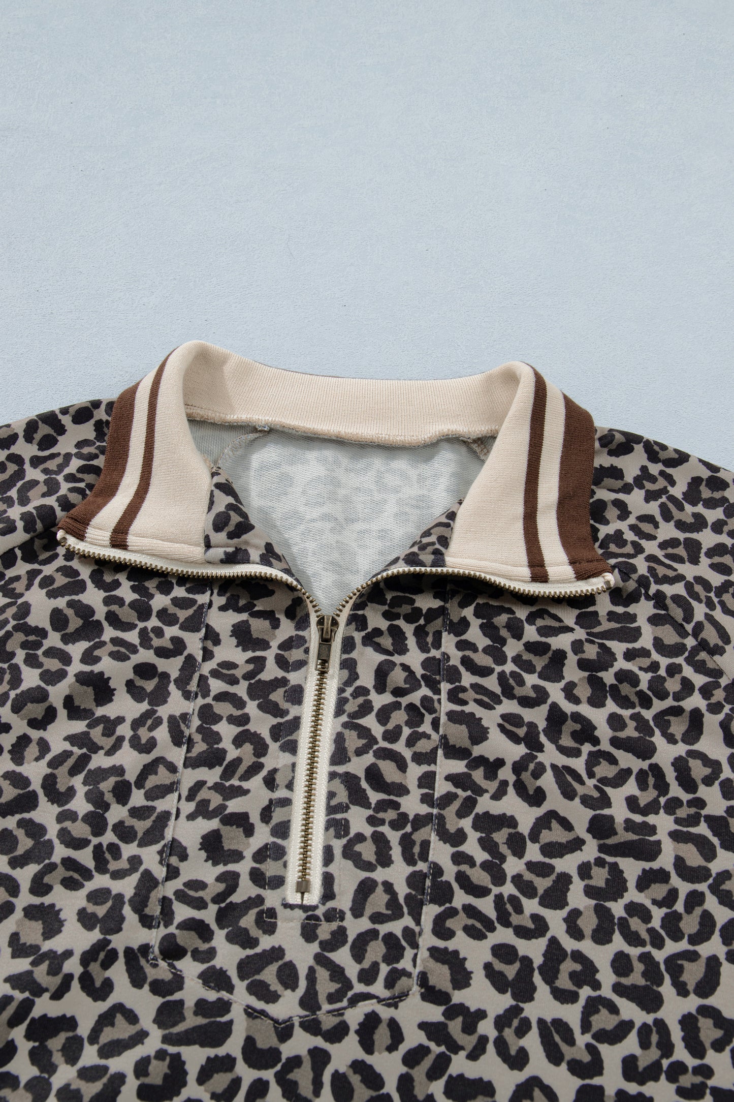 Khaki Leopard Print Half Zip Striped Trim Patchwork Short Sleeve Top-Tops/Blouses & Shirts-[Adult]-[Female]-2022 Online Blue Zone Planet