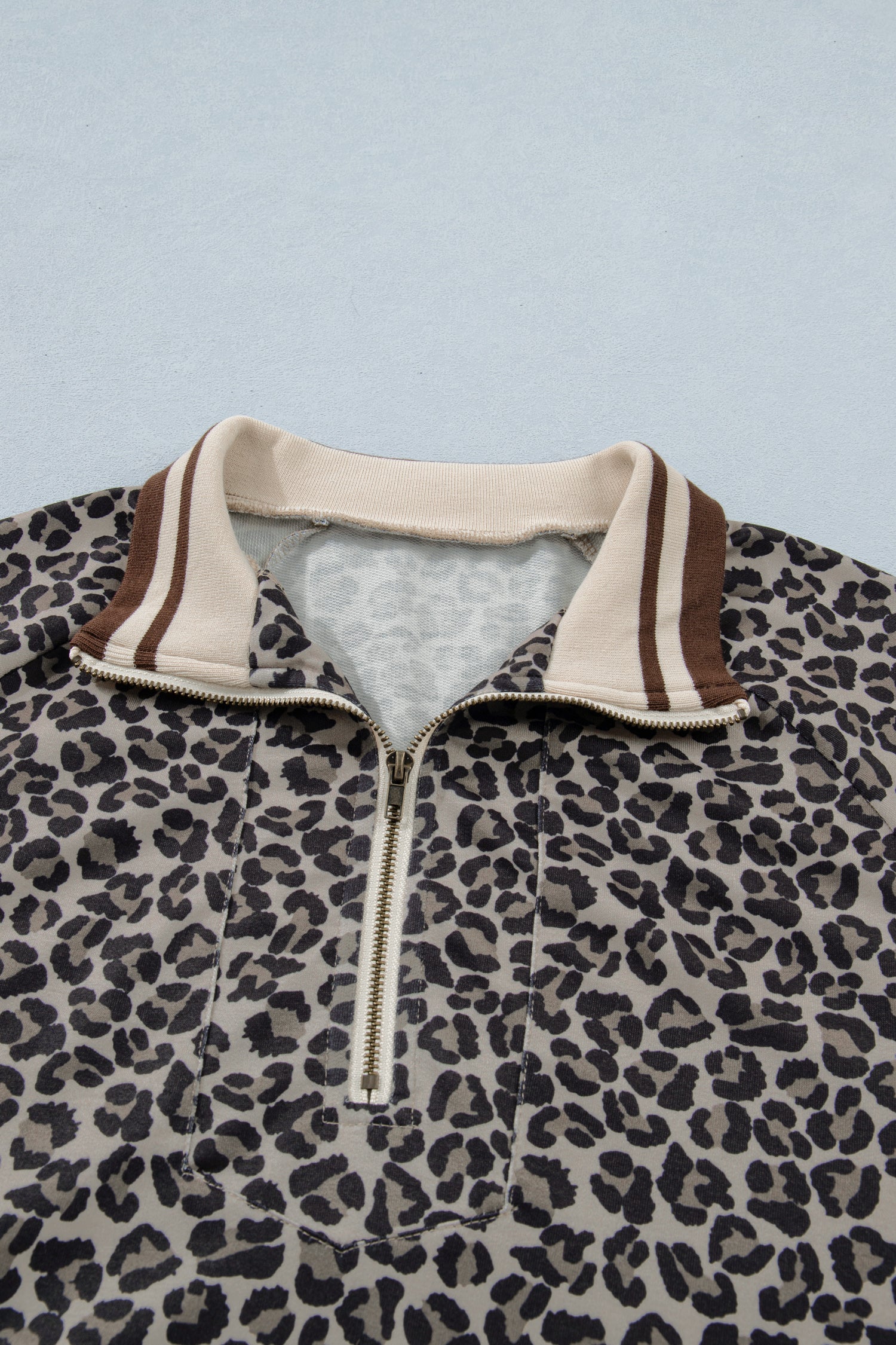 Khaki Leopard Print Half Zip Striped Trim Patchwork Short Sleeve Top-Tops/Blouses & Shirts-[Adult]-[Female]-2022 Online Blue Zone Planet