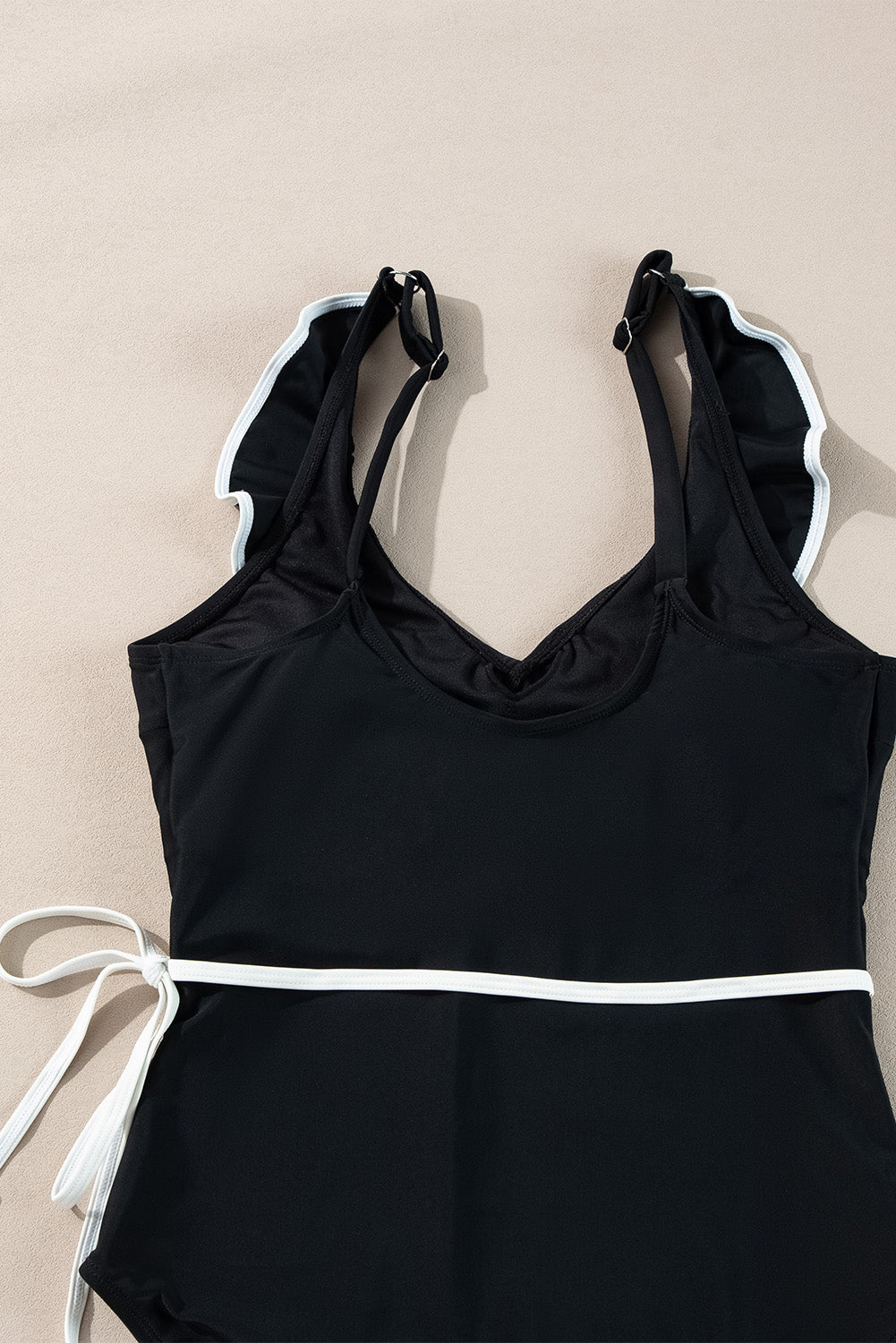 Black Color Contrast Ruffled Wrap V Neck Swimsuit-Swimwear/One Piece Swimsuit-[Adult]-[Female]-2022 Online Blue Zone Planet
