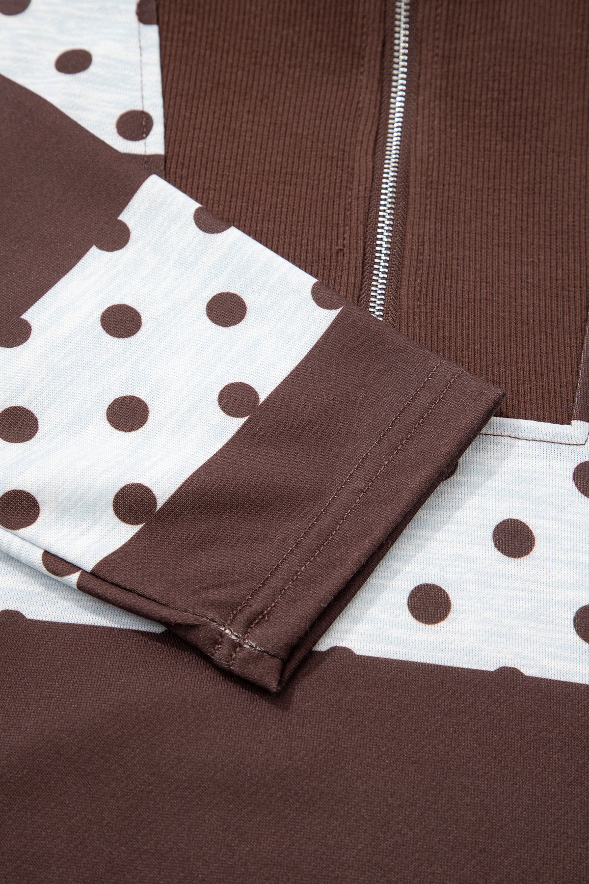 Brown Stripe Patchwork Polka Dot Accent Quarter Zip Long Sleeve Top-Tops/Long Sleeve Tops-[Adult]-[Female]-2022 Online Blue Zone Planet