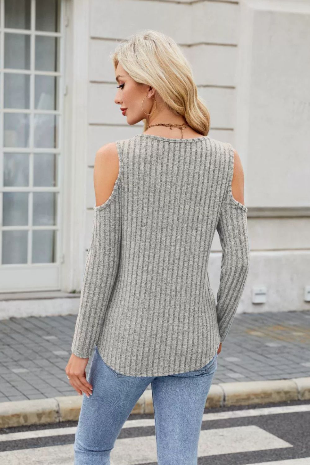 Ribbed Cold Shoulder Long Sleeve Top-TOPS / DRESSES-[Adult]-[Female]-2022 Online Blue Zone Planet