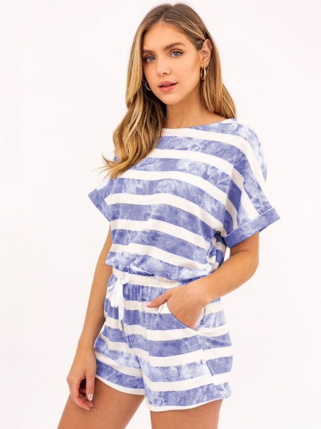 Blue Zone Planet | Striped Round Neck Top and Shorts Set-TOPS / DRESSES-[Adult]-[Female]-Blue Purple-S-2022 Online Blue Zone Planet