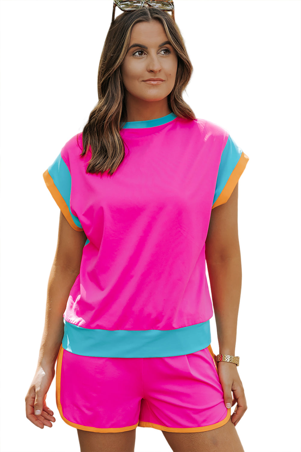 Blue Contrast Trim Cap Sleeve Tee Shorts Set-Two Piece Sets/Short Sets-[Adult]-[Female]-2022 Online Blue Zone Planet