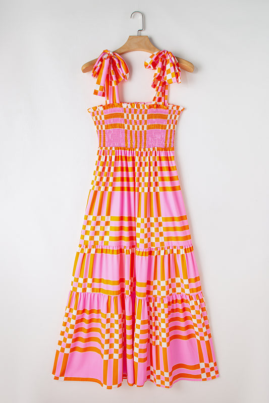 Pink Boho Gingham Tied Straps Smocked Maxi Dress Blue Zone Planet