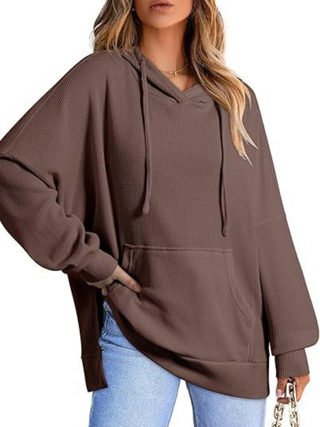 Drawstring Slit Long Sleeve Hoodie-TOPS / DRESSES-[Adult]-[Female]-Chocolate-S-2022 Online Blue Zone Planet