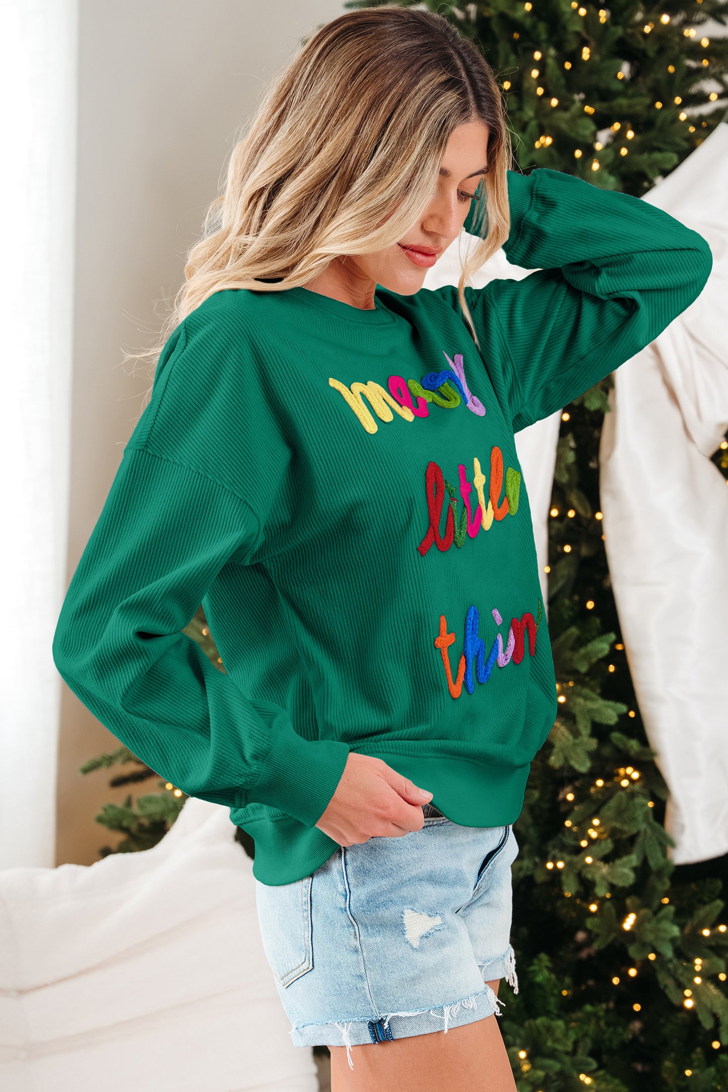 Dark Green Merry Little Thing Corded Letter Graphic Ribbed Loose Sweatshirt-Tops/Sweatshirts & Hoodies-[Adult]-[Female]-2022 Online Blue Zone Planet