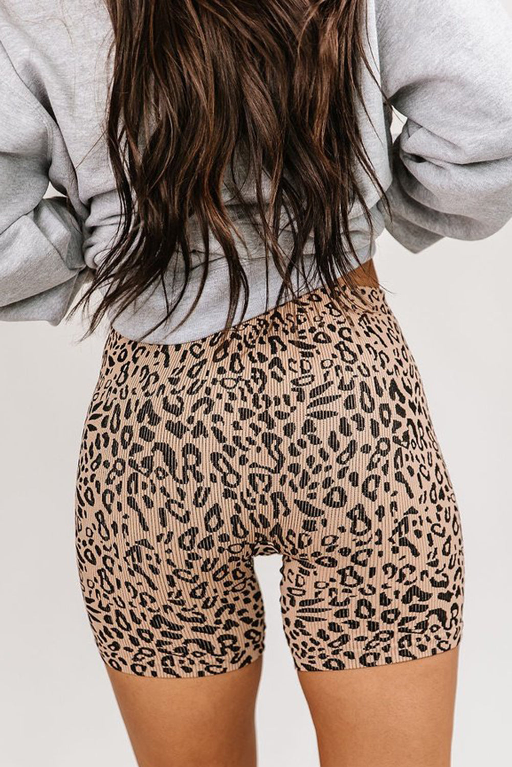 Khaki Leopard Print Ribbed Textured Knit Biker Shorts-Leggings-[Adult]-[Female]-2022 Online Blue Zone Planet