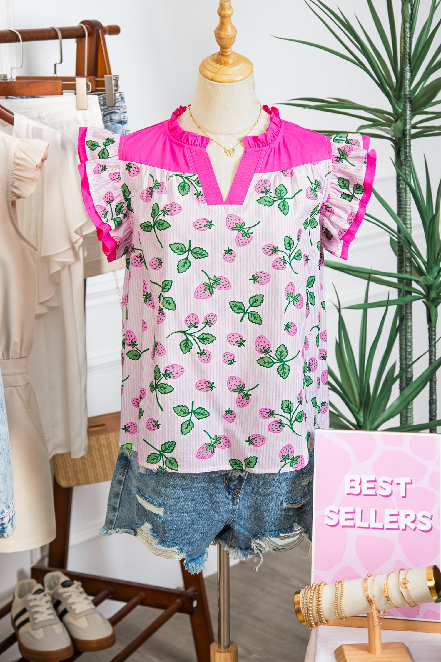 Pink Striped Strawberry Printed Color Block Patchwork V Neck Flutter Sleeve Blouse-Tops/Blouses & Shirts-[Adult]-[Female]-2022 Online Blue Zone Planet