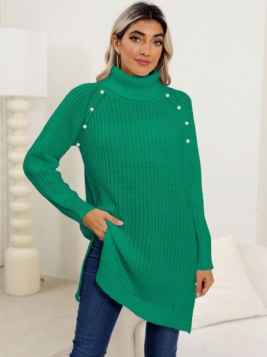 Slit Turtleneck Long Sleeve Sweater-TOPS / DRESSES-[Adult]-[Female]-Green-S-2022 Online Blue Zone Planet