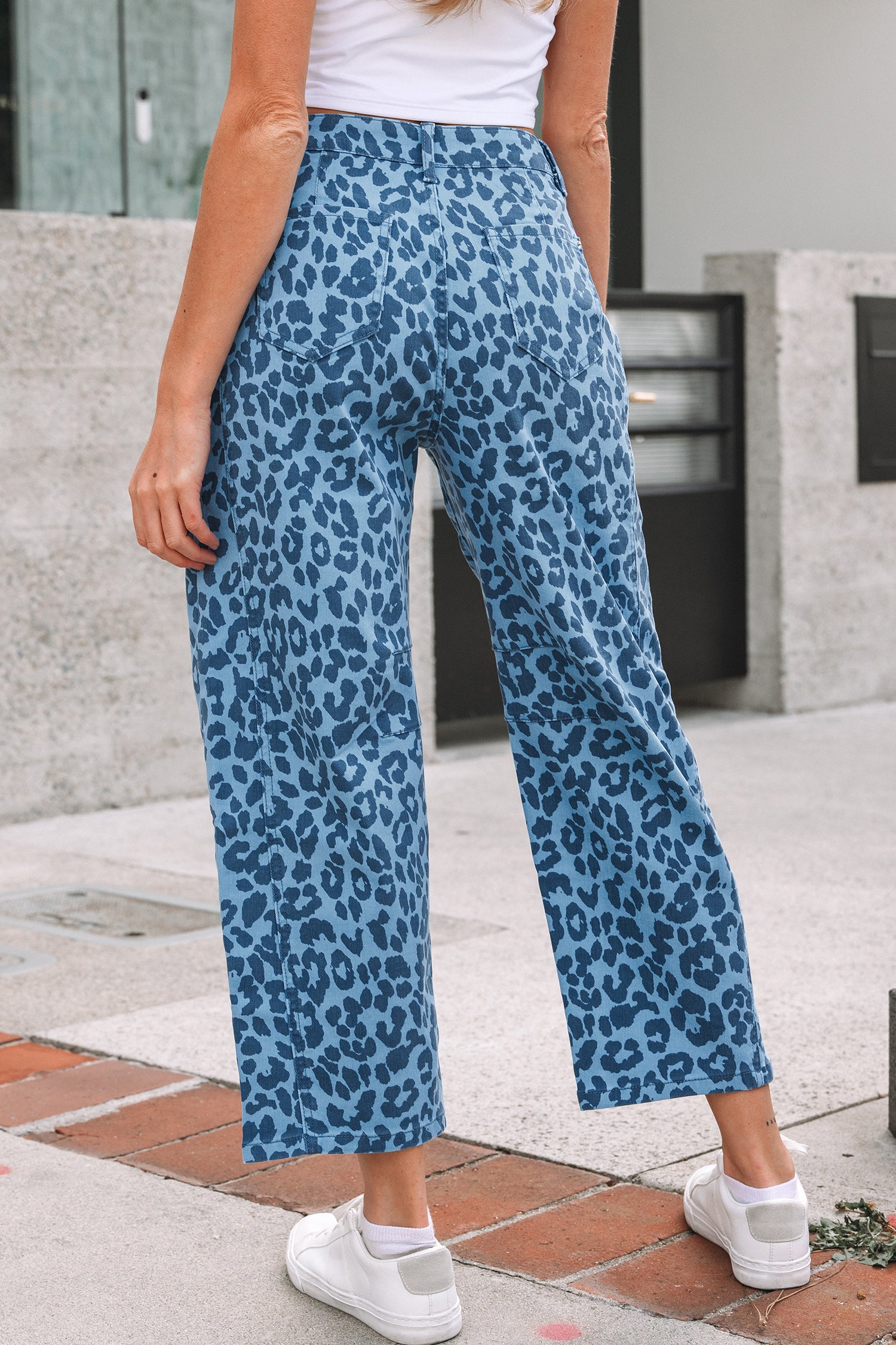 Sky Blue Leopard Print Straight Loose Jeans-Bottoms/Jeans-[Adult]-[Female]-2022 Online Blue Zone Planet