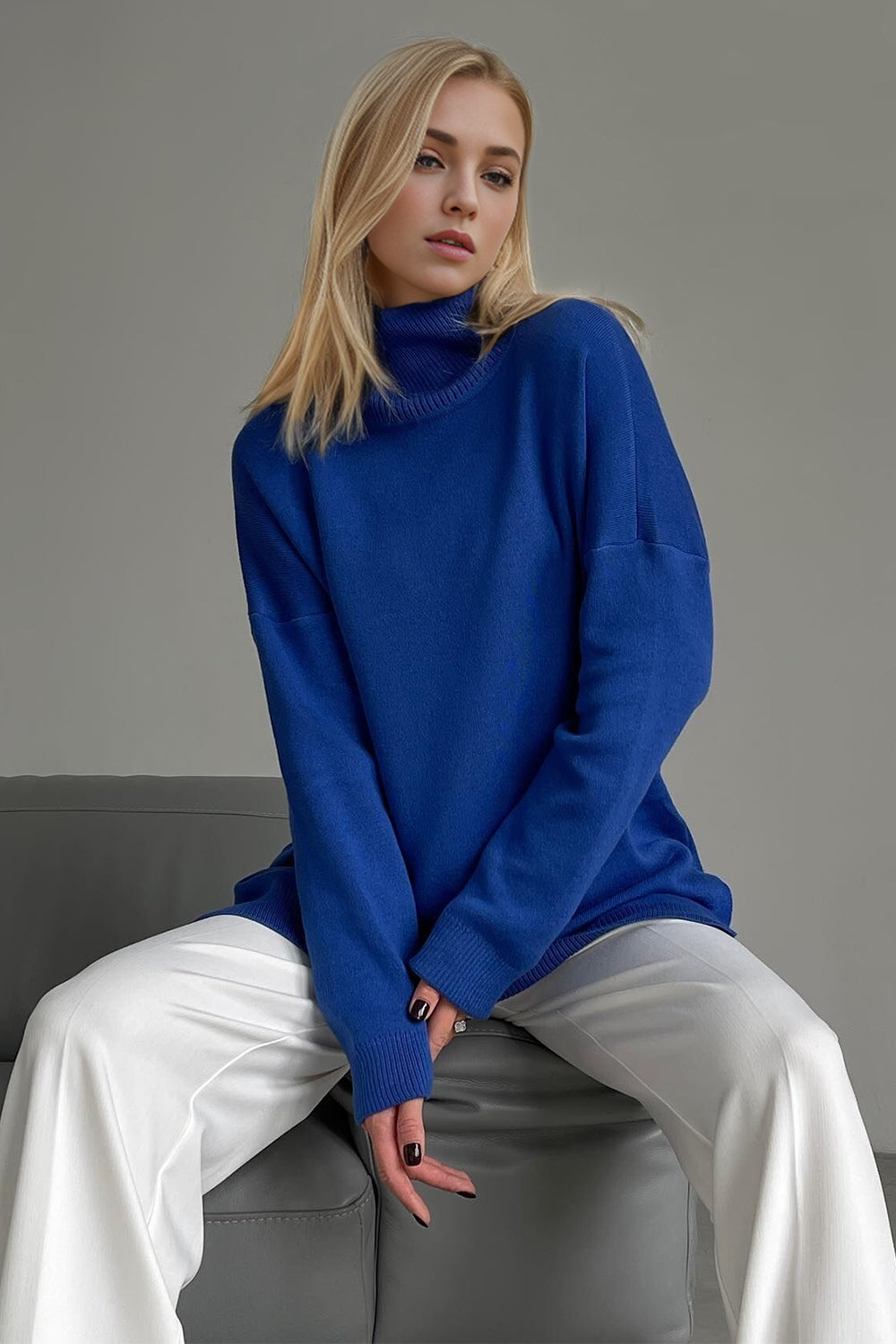 Basic Bae Side Slit Turtleneck Dropped Shoulder Sweater-TOPS / DRESSES-[Adult]-[Female]-Royal Blue-One Size-2022 Online Blue Zone Planet