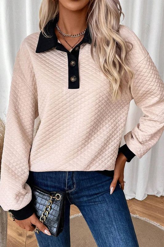 Blue Zone Planet | Textured Collared Neck Long Sleeve Top-TOPS / DRESSES-[Adult]-[Female]-Tan-S-2022 Online Blue Zone Planet