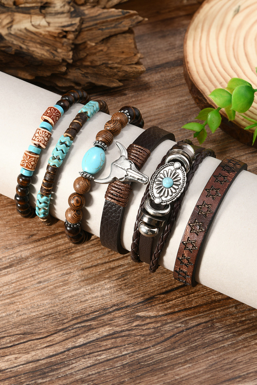 Chestnut 6 Piece Western Bull Skull Turquoise Beading Bracelet-Accessories/Jewelry-[Adult]-[Female]-2022 Online Blue Zone Planet