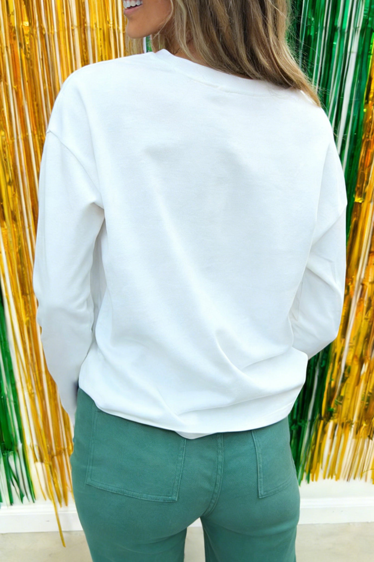 White Mardi Gras Festive Elements Sequin Graphic Long Sleeve Tee-Graphic Long Sleeve Tees-[Adult]-[Female]-2022 Online Blue Zone Planet