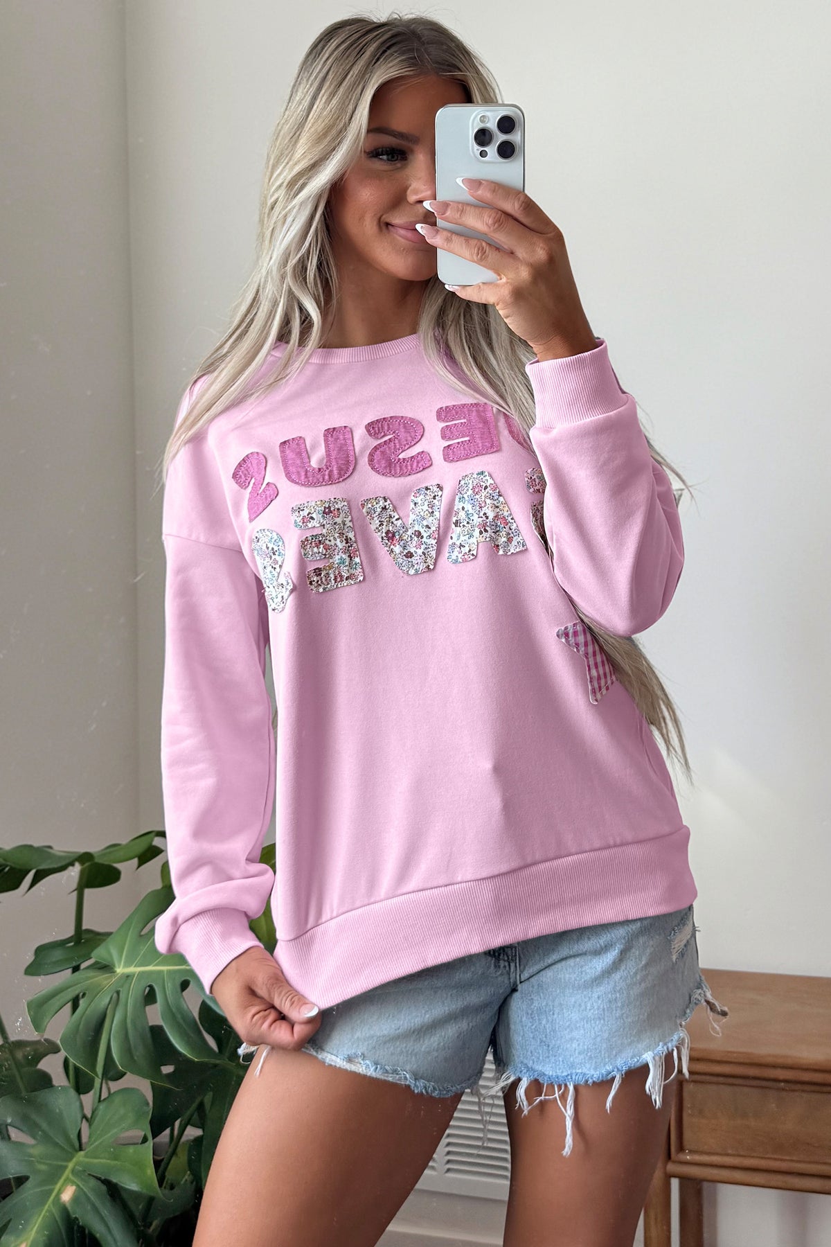 Pink Patchwork Stars Plaid Unique Floral Letters Baggy Sweatshirt-Tops/Sweatshirts & Hoodies-[Adult]-[Female]-2022 Online Blue Zone Planet