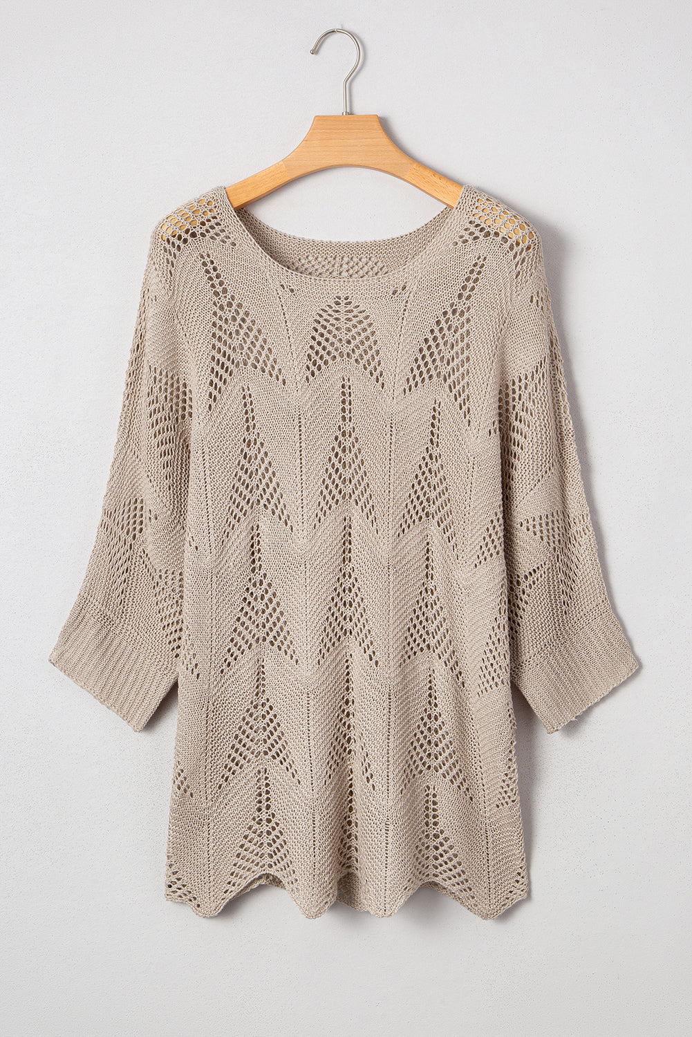 Seagrass Hollow Out Knit 7/8 Sleeve Casual Sweater-Sweaters & Cardigans/Sweaters-[Adult]-[Female]-Parchment-S-2022 Online Blue Zone Planet