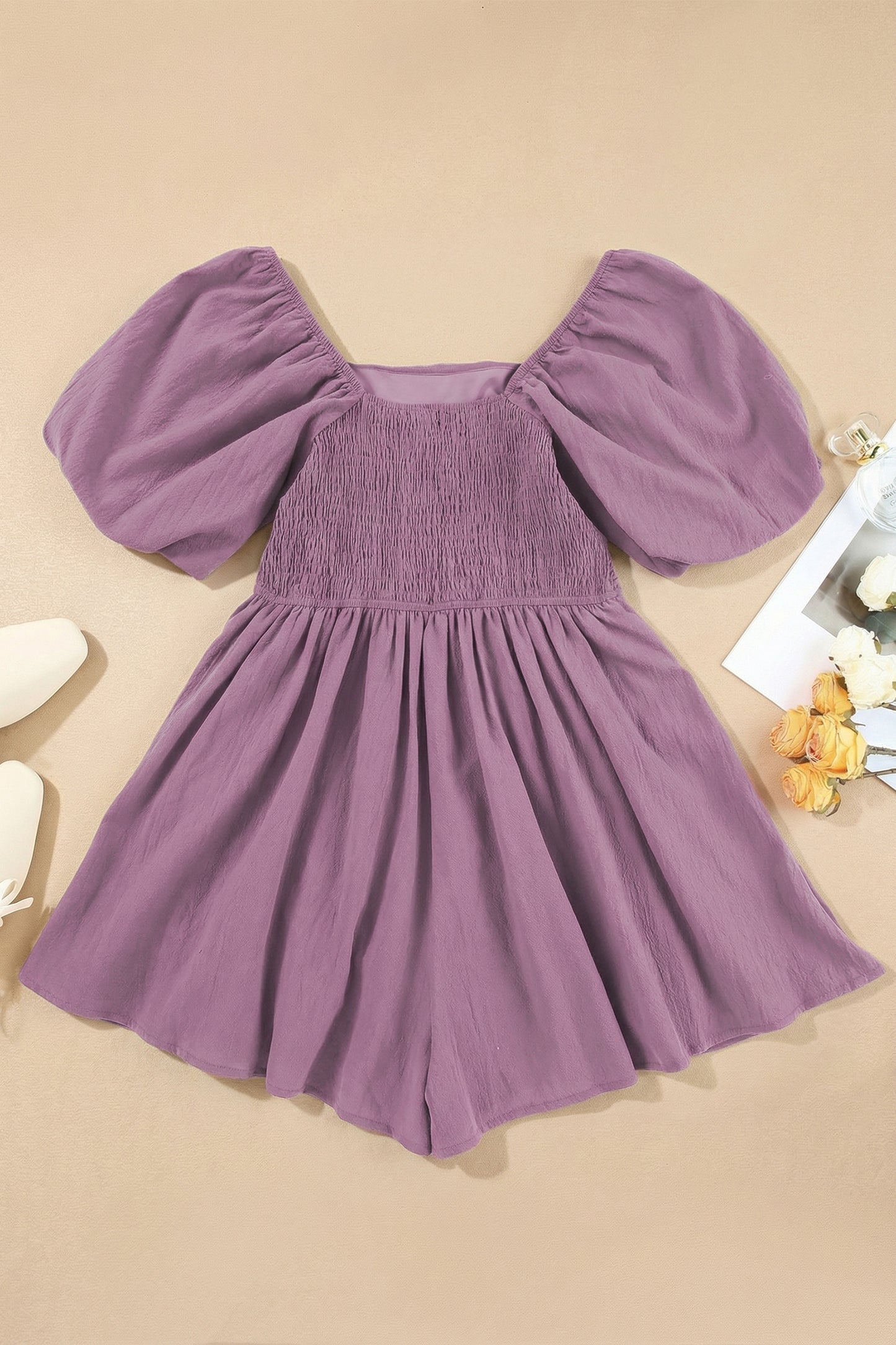 Valerian Square Neck Ruched Puff Sleeve Romper-Bottoms/Jumpsuits & Rompers-[Adult]-[Female]-2022 Online Blue Zone Planet