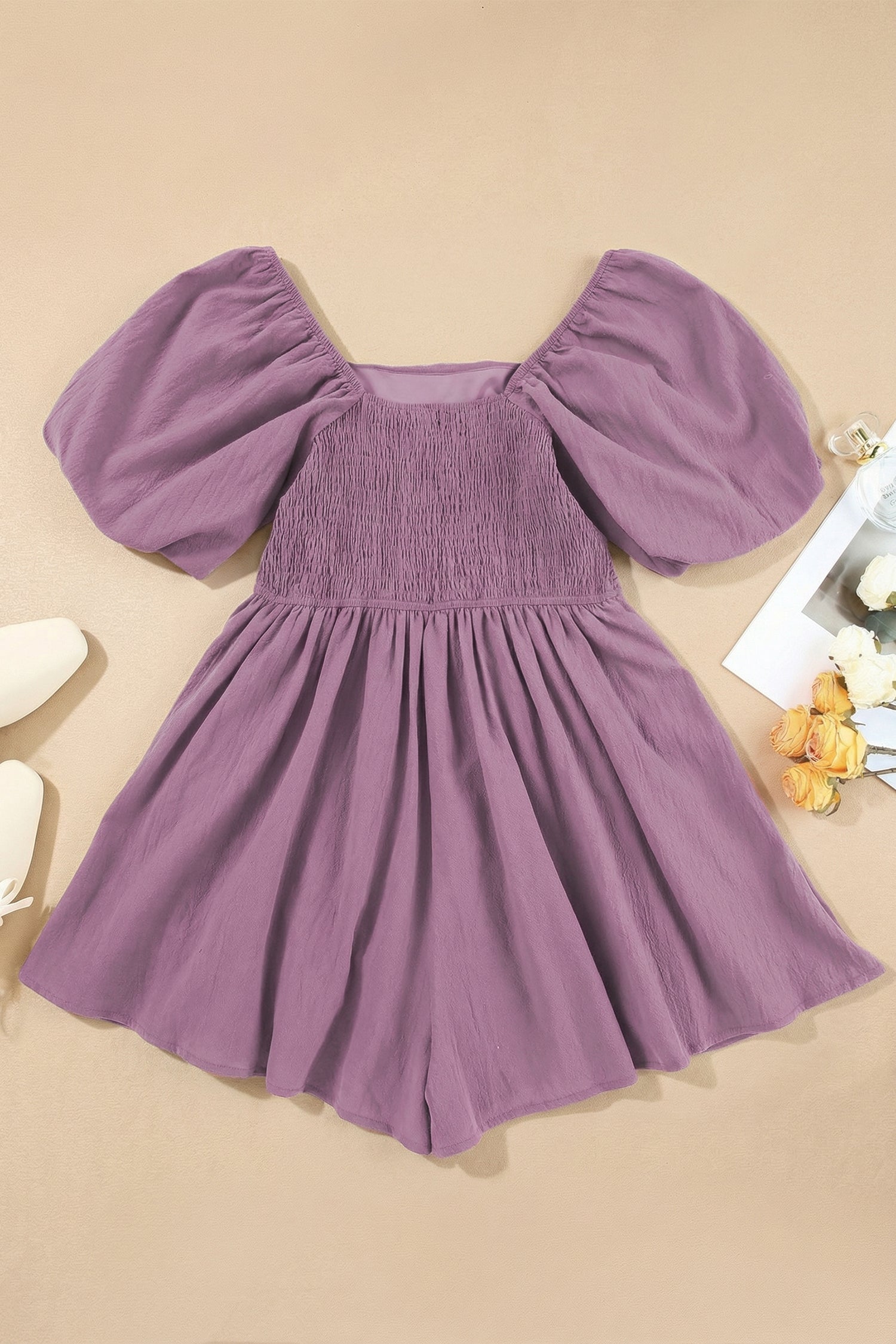 Valerian Square Neck Ruched Puff Sleeve Romper-Bottoms/Jumpsuits & Rompers-[Adult]-[Female]-2022 Online Blue Zone Planet