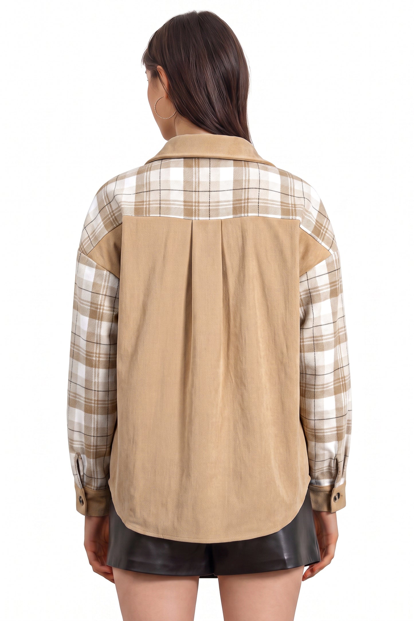 Light French Beige Plaid Colorblock Shirt Collar Shift Shacket