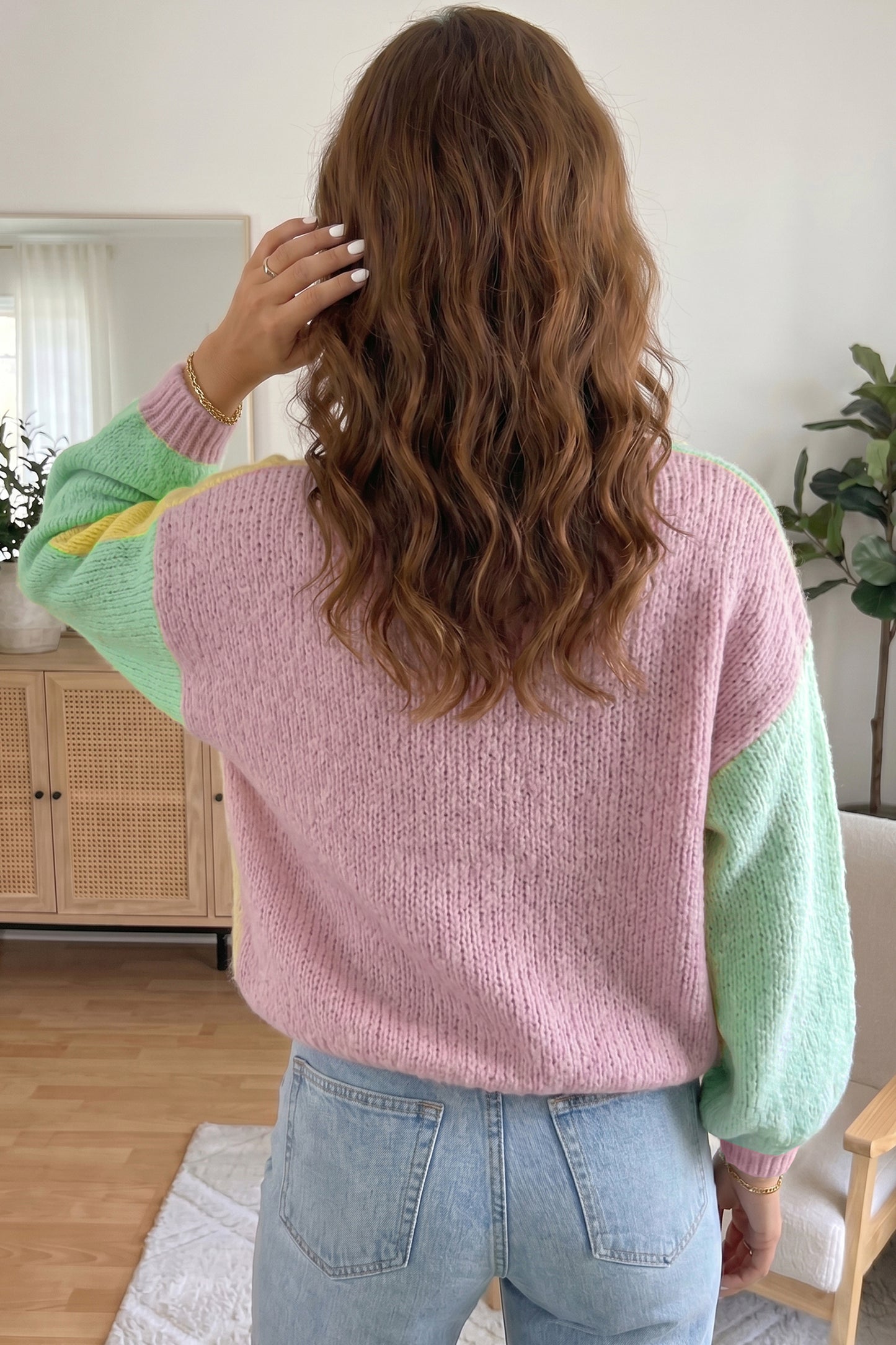 Yellow V Neck Drop Shoulder Patchwork Regular Wash Knitwear Cardigan-Sweaters & Cardigans/Cardigans-[Adult]-[Female]-2022 Online Blue Zone Planet