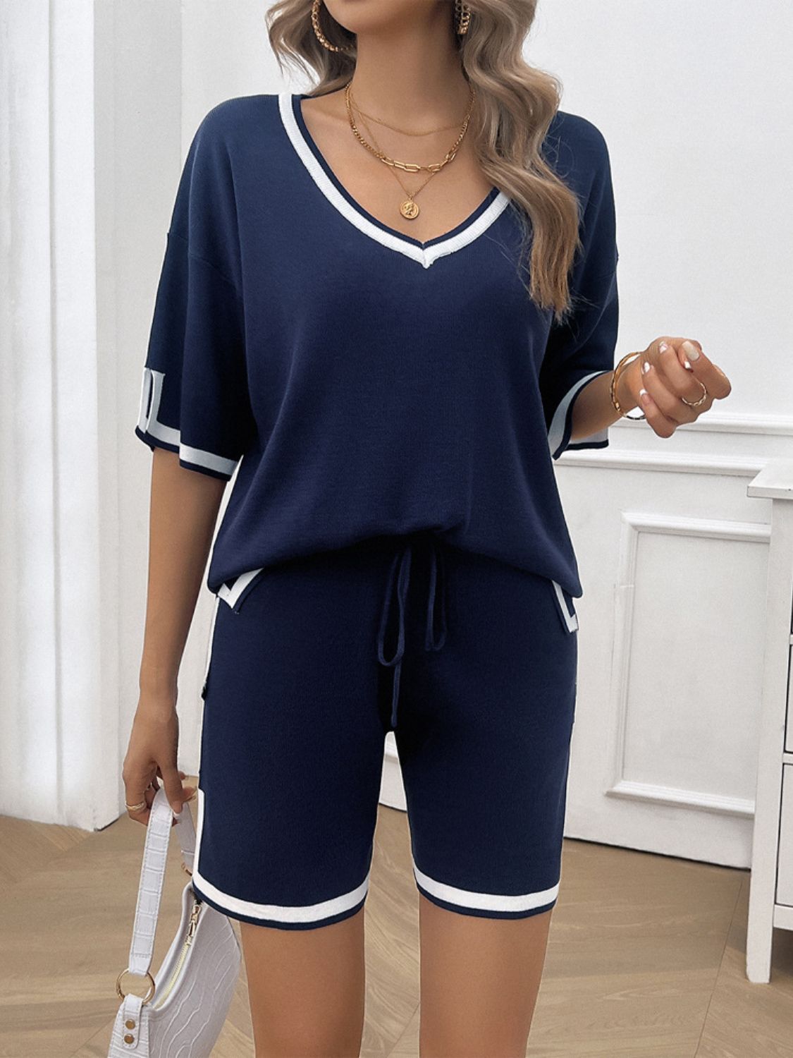 Blue Zone Planet | Devine Contrast Trim V-Neck Top and Shorts Set-TOPS / DRESSES-[Adult]-[Female]-2022 Online Blue Zone Planet