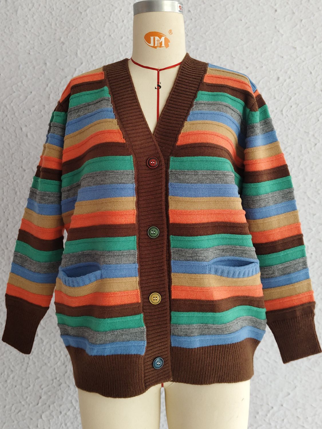 Contrast Stripes Button Up Long Sleeve Cardigan-TOPS / DRESSES-[Adult]-[Female]-2022 Online Blue Zone Planet