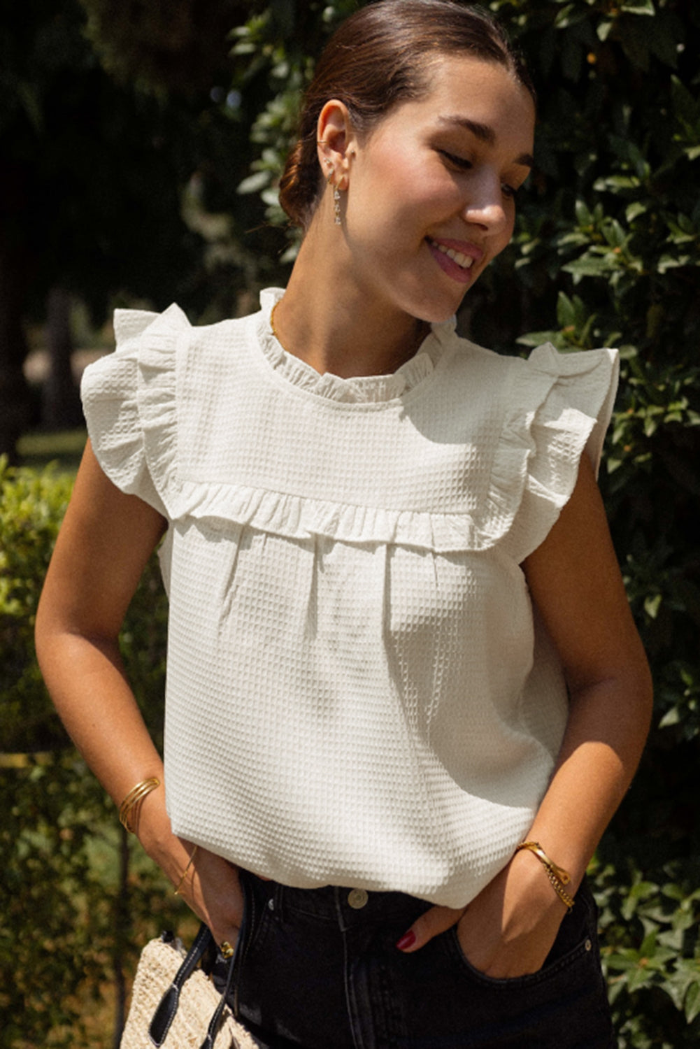 White Solid Color Ruffle Trim Waffle Knit Blouse-Tops/Blouses & Shirts-[Adult]-[Female]-2022 Online Blue Zone Planet