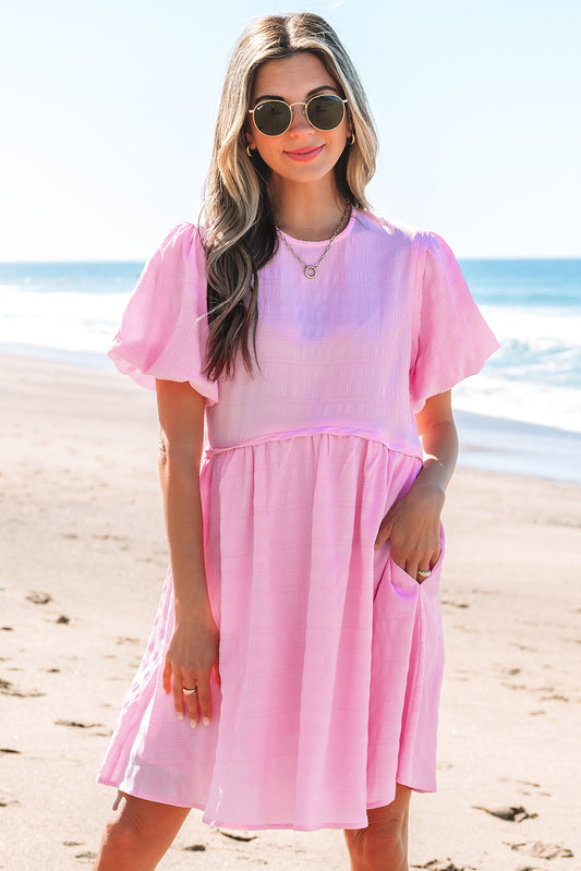 Bonbon Textured Bubble Sleeve High Waist Mini Dress-TOPS / DRESSES-[Adult]-[Female]-2022 Online Blue Zone Planet
