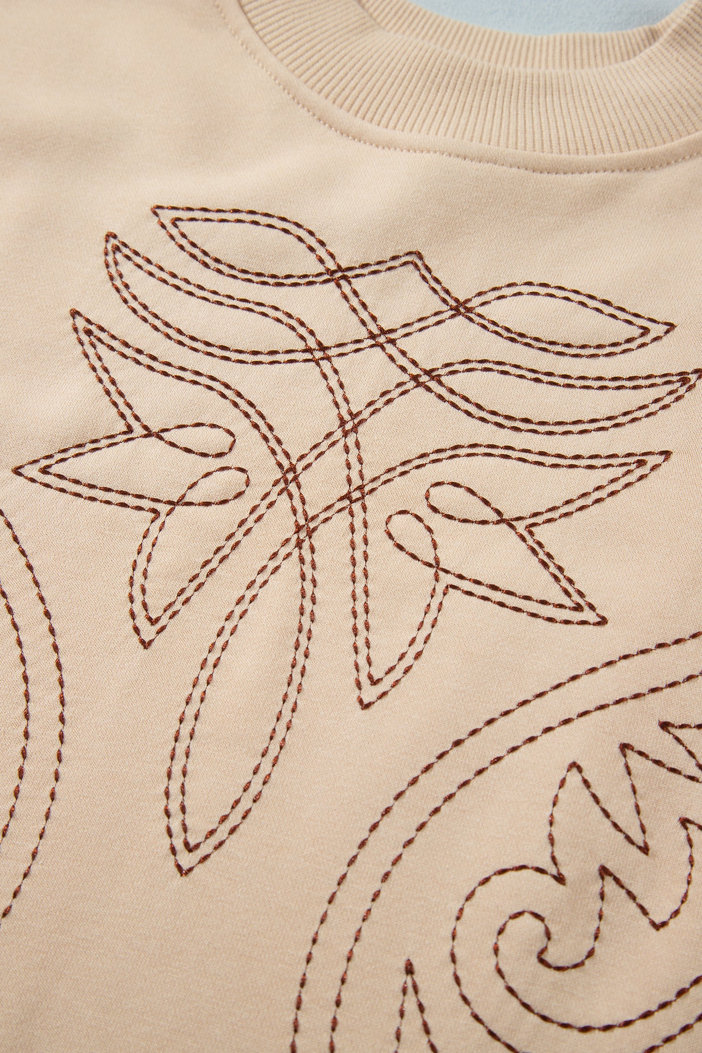 Light French Beige Western Embroidery Round Neck Pullover Long Sleeve Sweatshirt-Tops/Sweatshirts & Hoodies-[Adult]-[Female]-2022 Online Blue Zone Planet