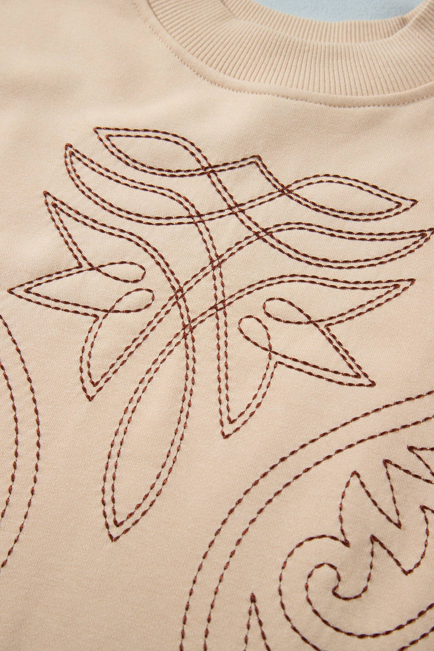 Light French Beige Western Embroidery Round Neck Pullover Long Sleeve Sweatshirt-Tops/Sweatshirts & Hoodies-[Adult]-[Female]-2022 Online Blue Zone Planet