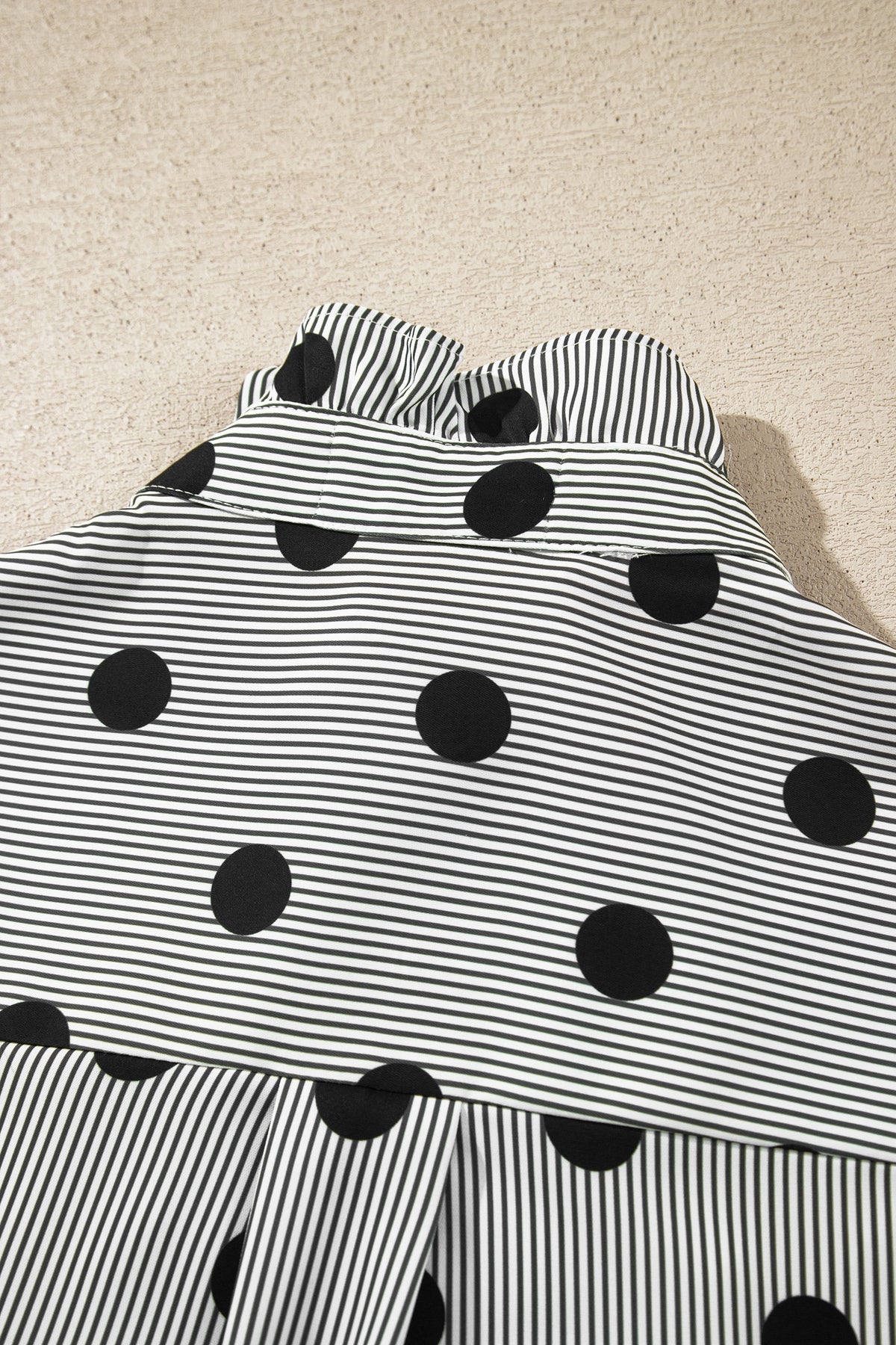 Black white Polka Dot Striped Print Ruffle Stand Neck 3/4 Sleeve Shift Shirt-Tops/Blouses & Shirts-[Adult]-[Female]-2022 Online Blue Zone Planet