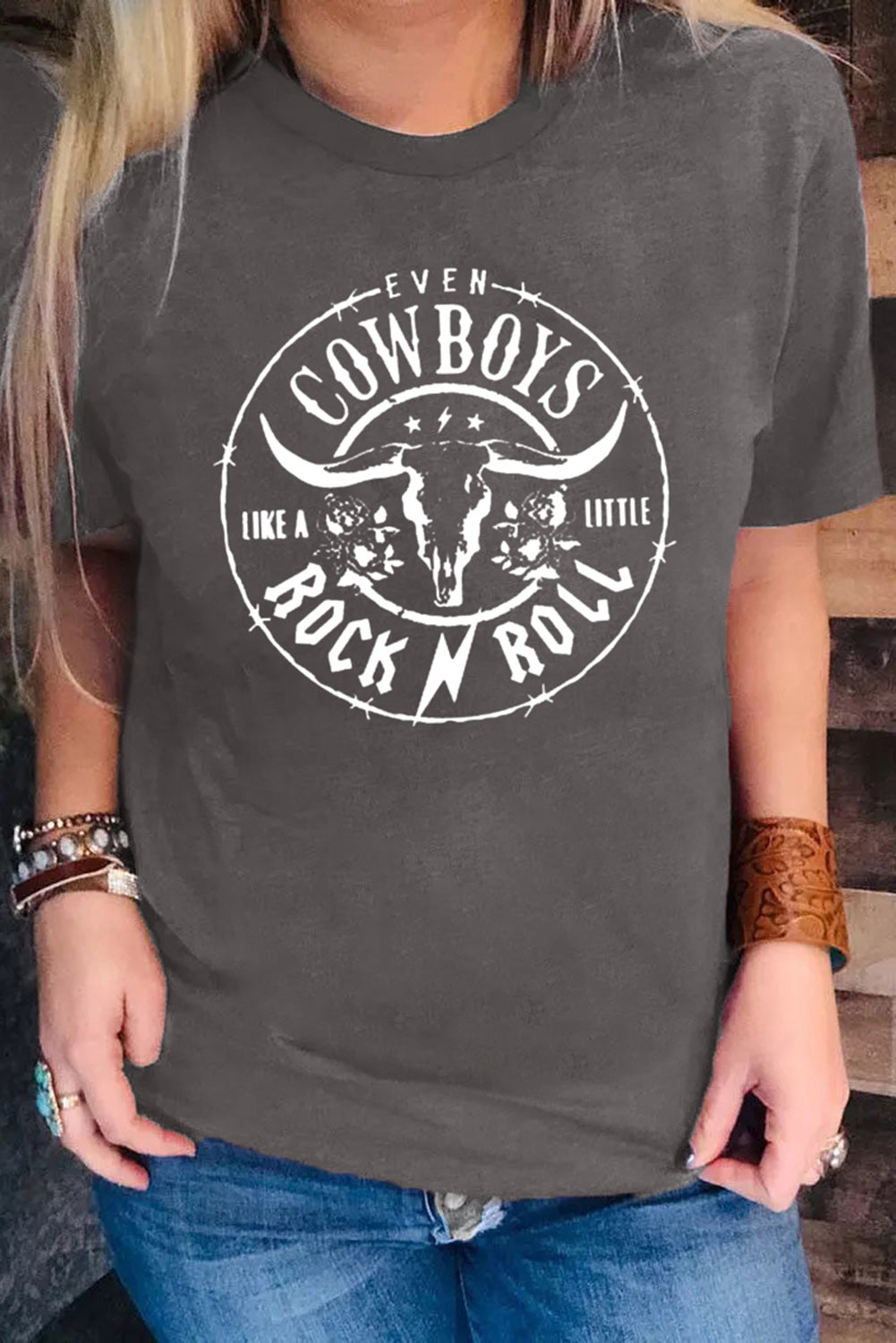 Gray Western Letter Steer Head Graphic Tee-Graphic/Graphic Tees-[Adult]-[Female]-2022 Online Blue Zone Planet