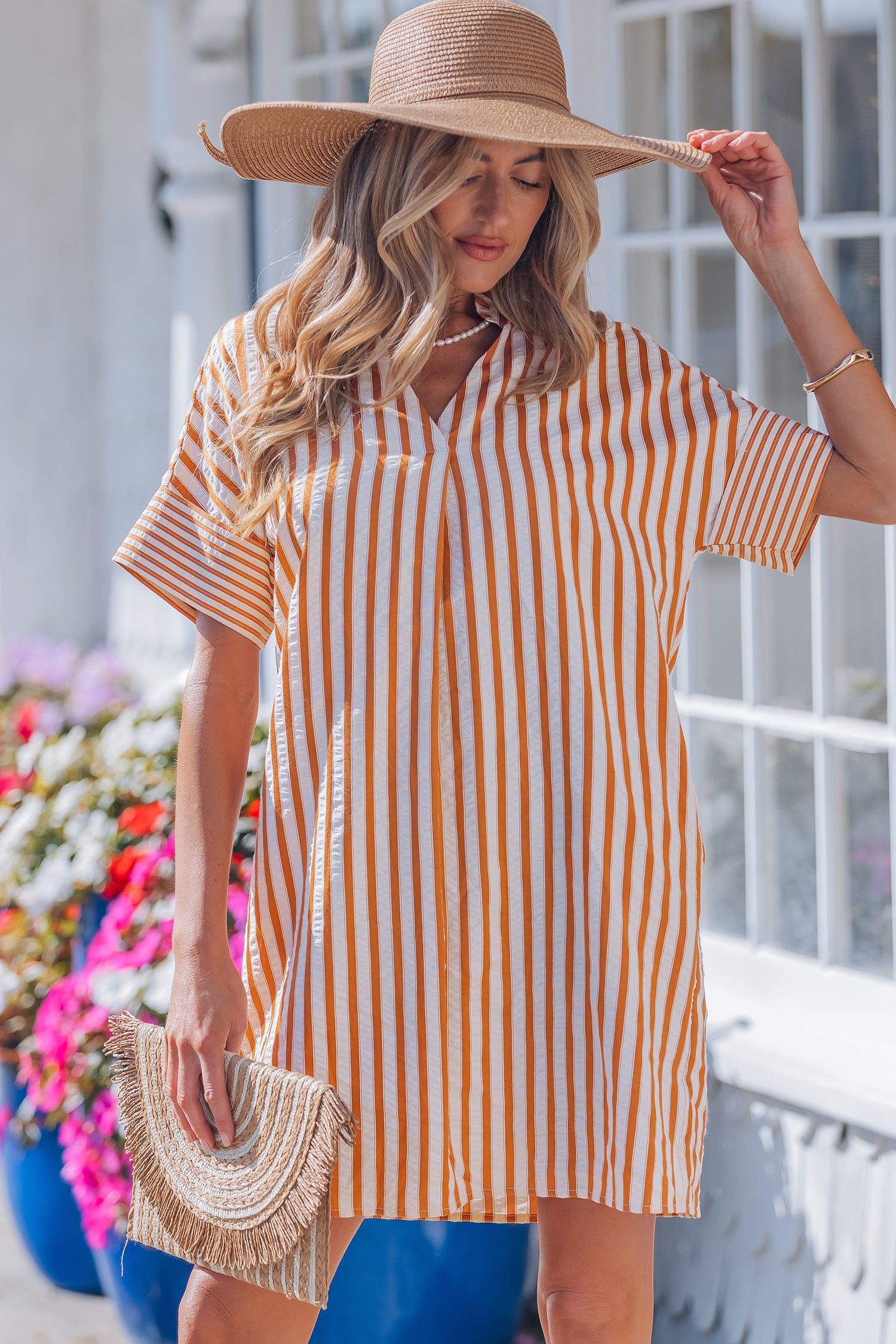 Brown Stripe Pinched V Neck Turn-up Cuffs Shift Mini Dress-TOPS / DRESSES-[Adult]-[Female]-2022 Online Blue Zone Planet